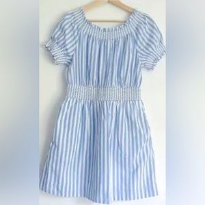 J. Crew White Blue Stripe Off Shoulder/On Shoulder Short Sleeve Ruched Hem Dress